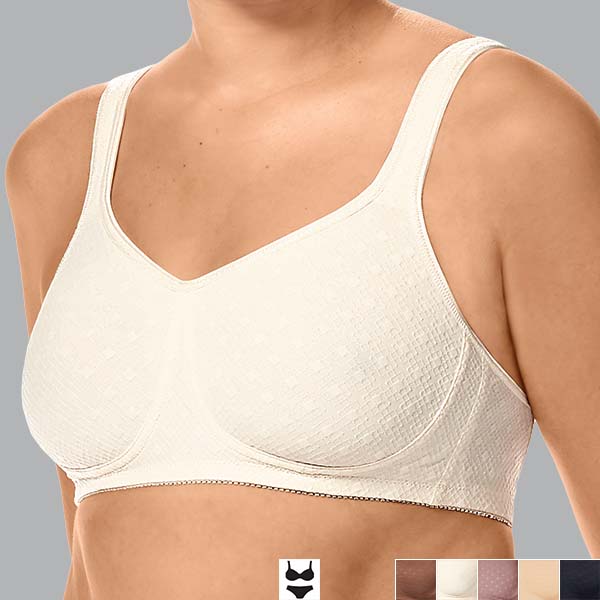 Front perspective view of the off-white Amoena Tiana soft wireless bra showing the moulded cup and rounded breast shape.